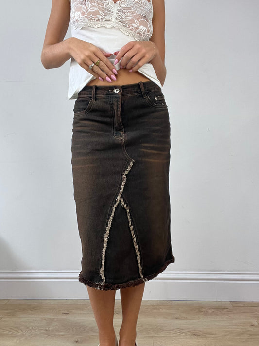 💻 DINNER PARTY | small brown and black denim midi skirt