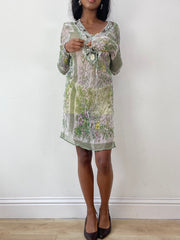 Vintage editar veinticinco | pequeño vestido de encubrimiento de malla verde con estampado floral y abalorios