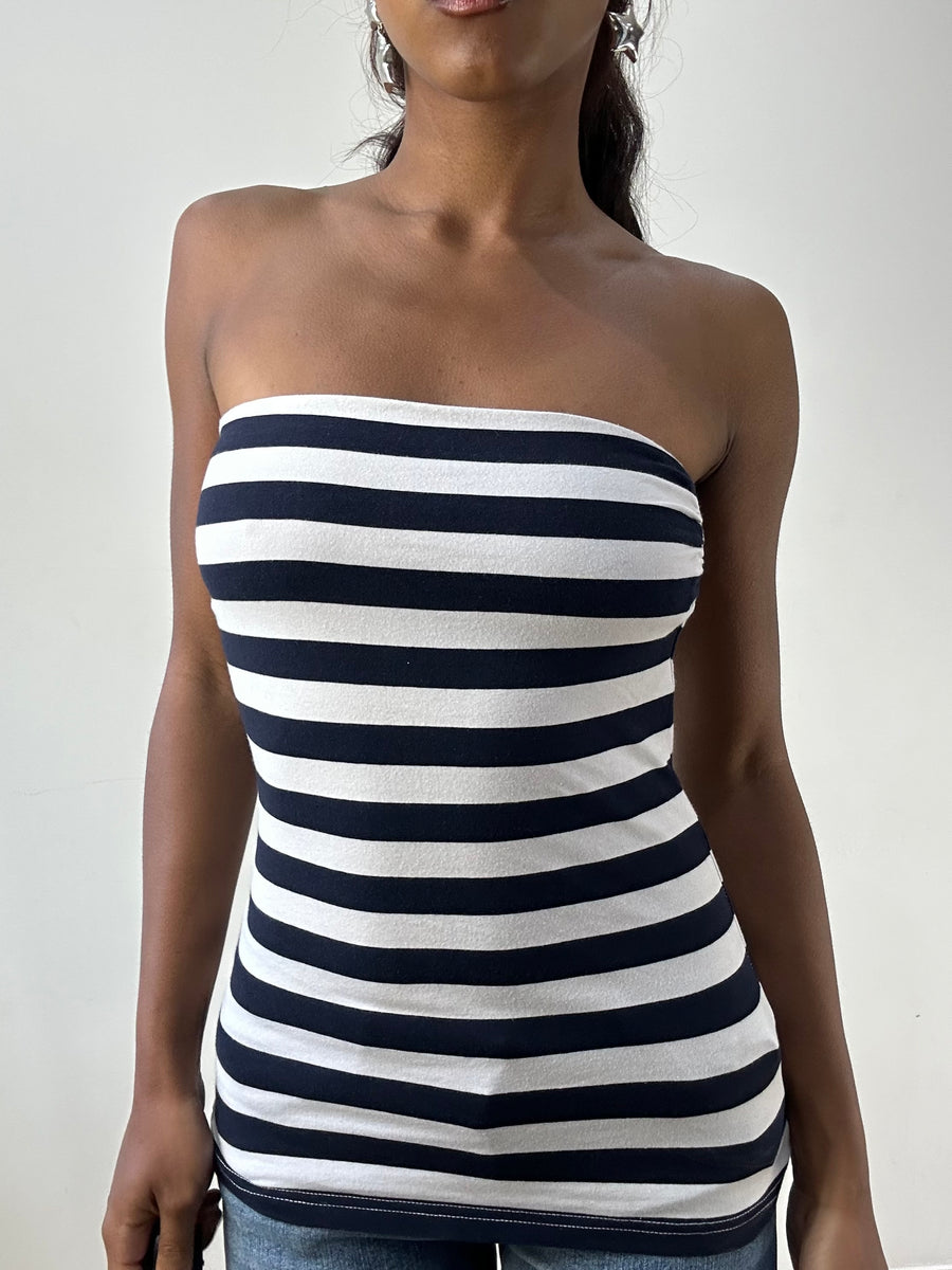 BEST PICKS | Größe: XS · Farbe: Weiß + Blau · Artikel: Bandeau-Top · Details: Vintage + h&m