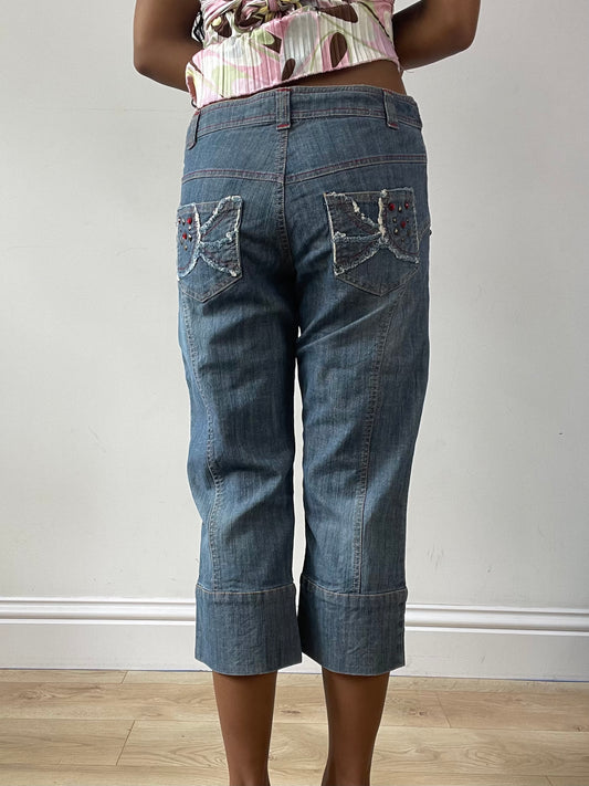 vintage edit twenty-five | medium blue cropped jeans with red rhinestone details