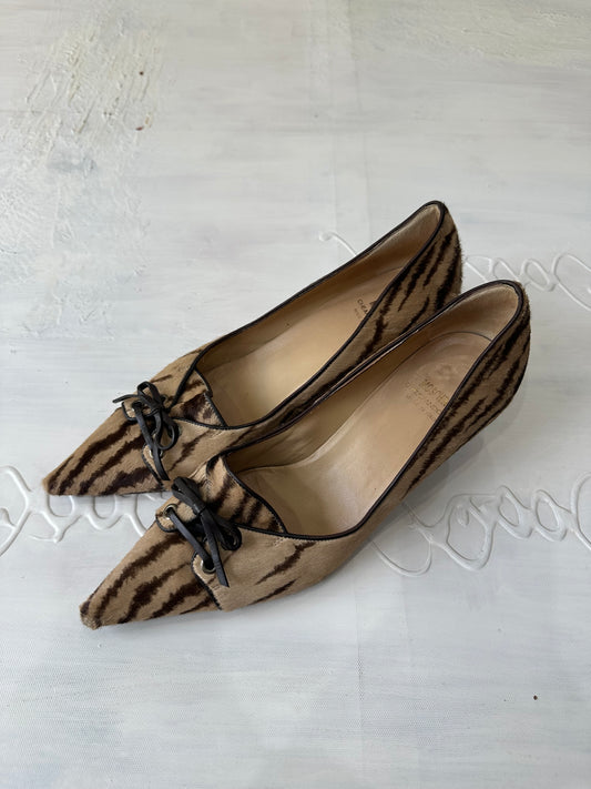 vintage edit thirty-two | UK 6 brown moschino fur kitten heels with lace up detail