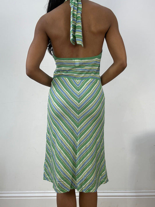 BEST PICKS | talla: L · color: verde + blanco · prenda: vestido · detalles: vintage + a rayas + cuello halter + largo midi + mango