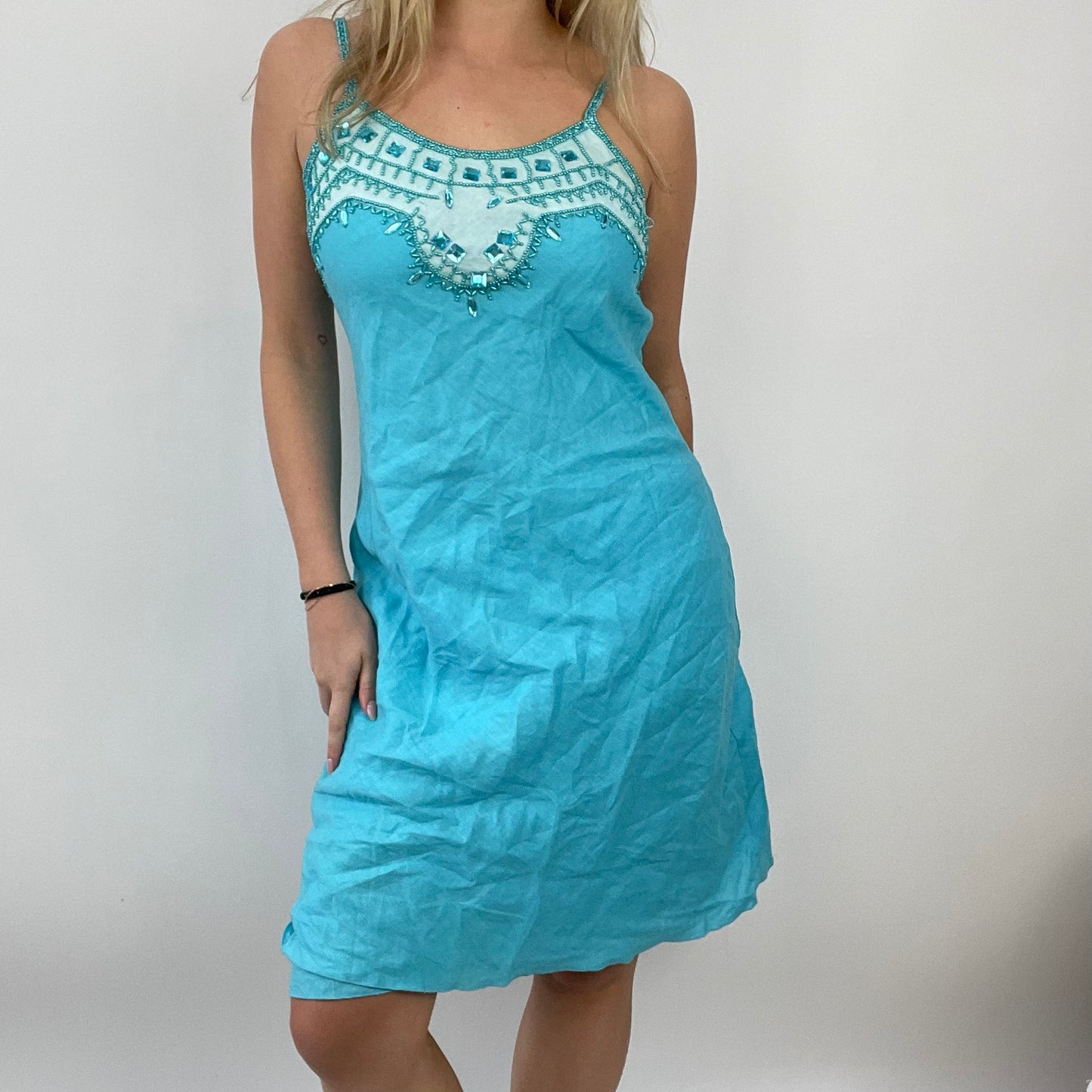 ETHEREAL GIRL DROP | medium blue linen dress with beaded detail