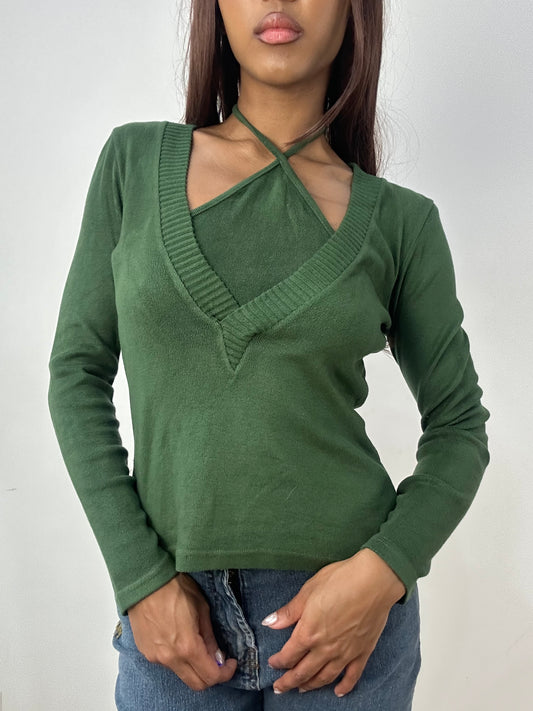 vintage edit thirty-three | small green knit jumper with halterneck detail