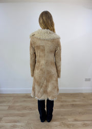 medium beige suede afghan coat with faux fur trim