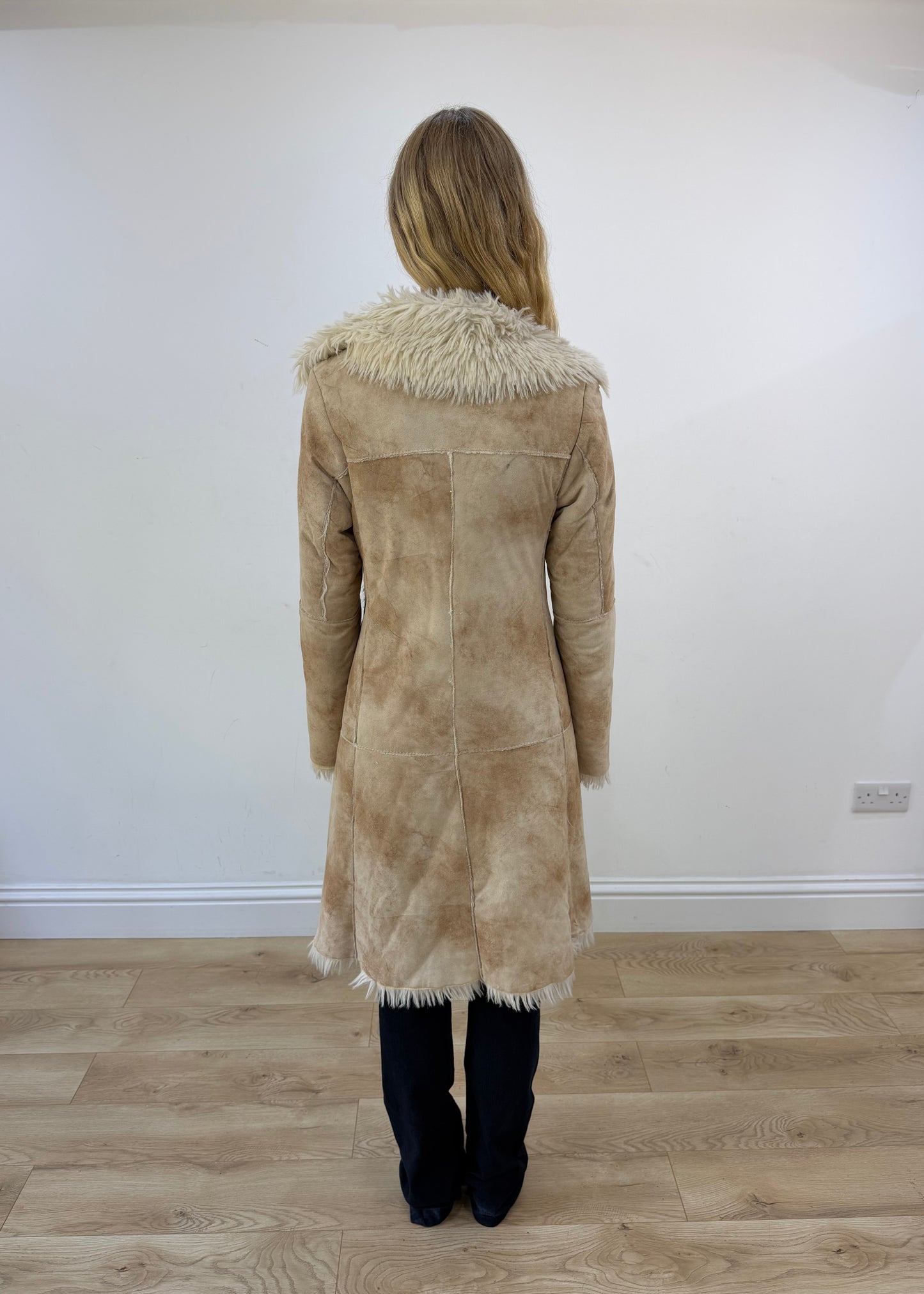 medium beige suede afghan coat with faux fur trim