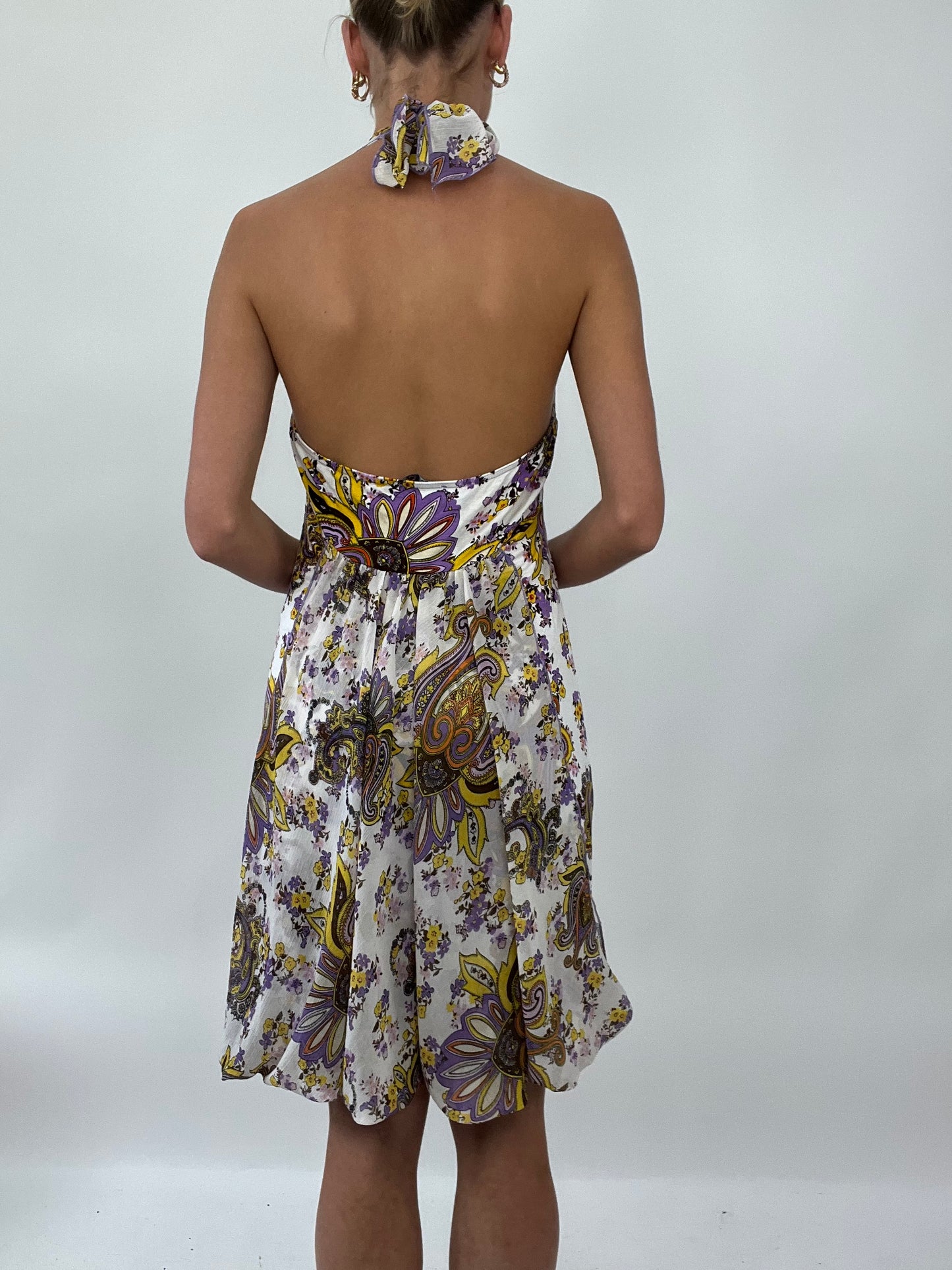 PALM BEACH DROP | small morgan de toi halterneck dress with purple paisley detail all over