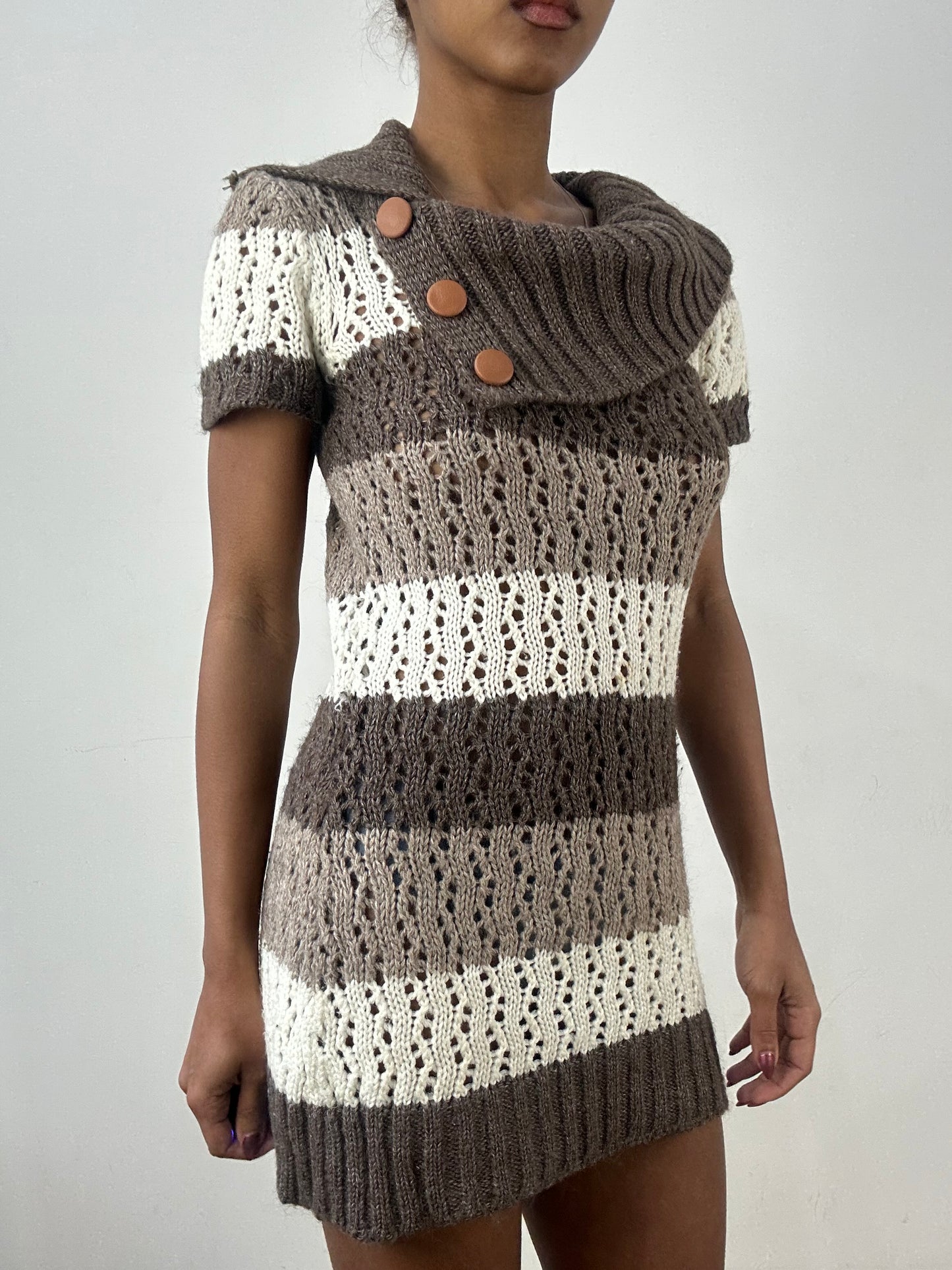BEST PICKS | small brown knit mini dress with fold over collar