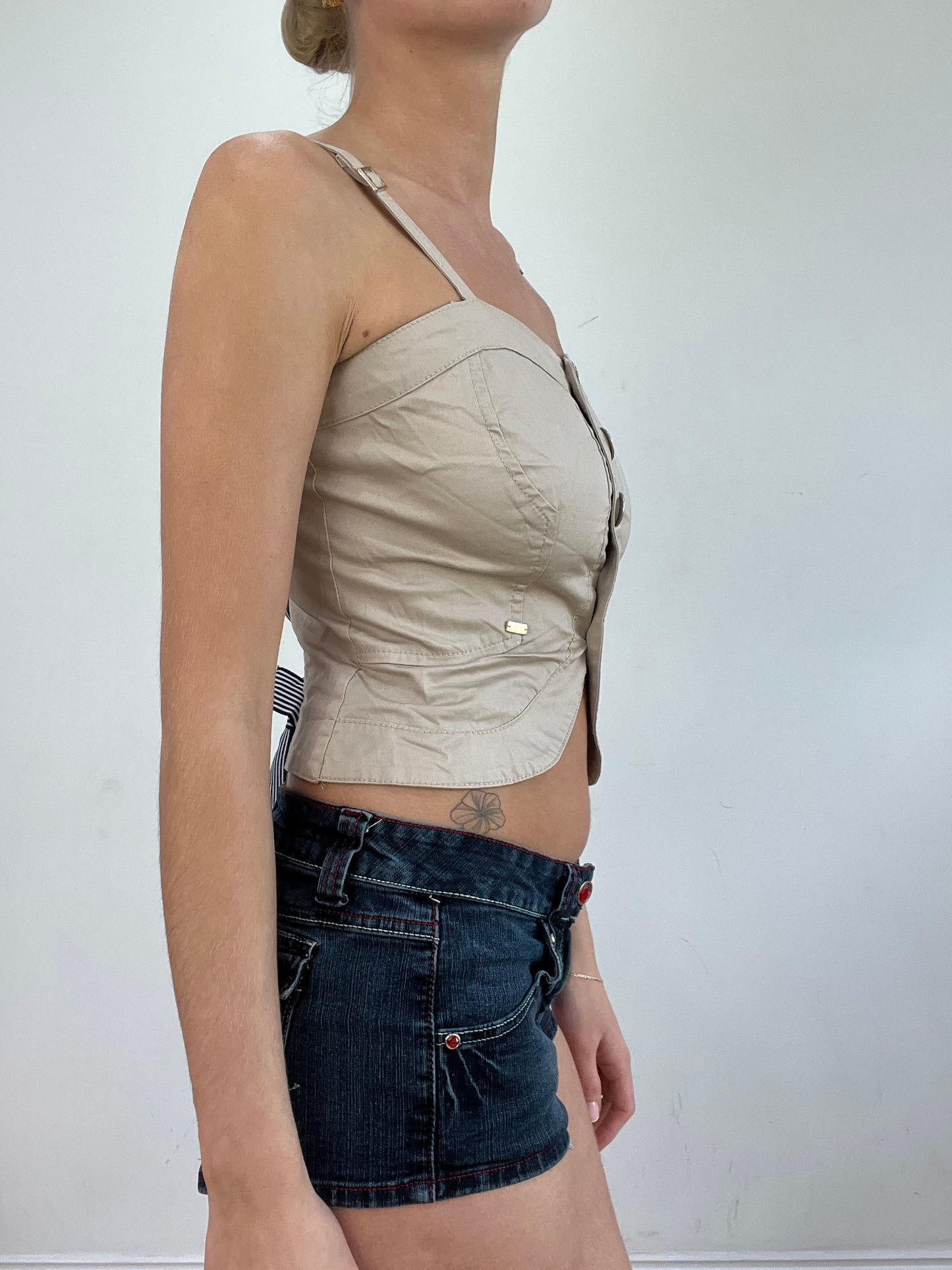 vintage edit twenty | small beige fitted top with button up front and lace up back