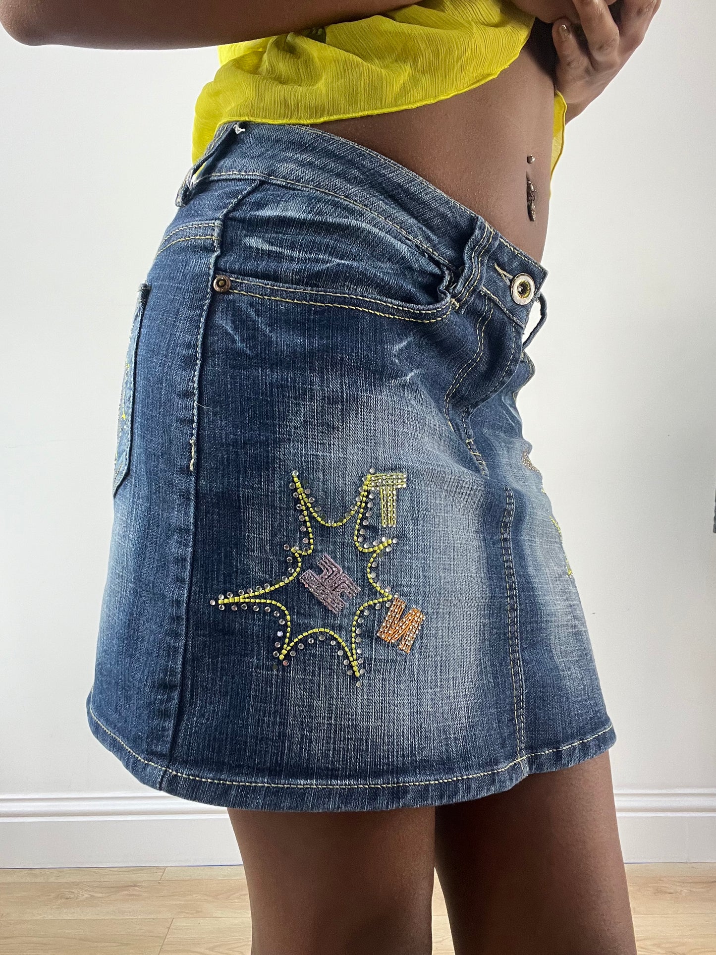 LFW edit | small blue denim mini skirt with embroidery