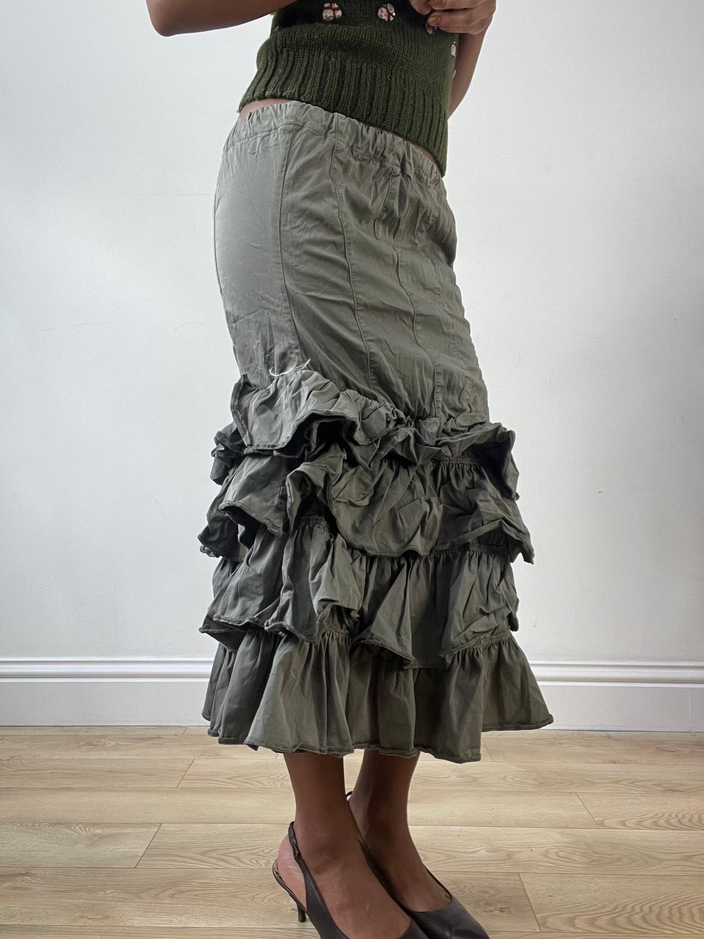 LFW edit | small khaki green maxi skirt with ruffle hem detail