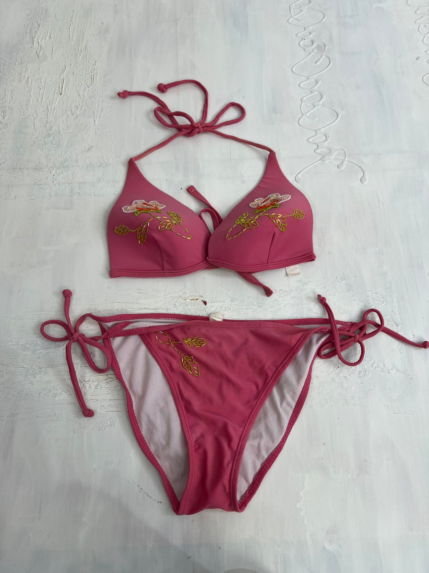 vintage edit thirty | medium pink bikini set with beaded detail on the bra