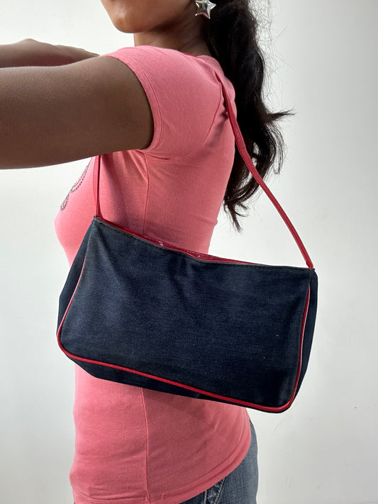 BEST PICKS | blue denim mini shoulder bag with red piping