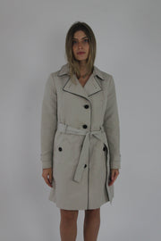 beige belted trench coat front view