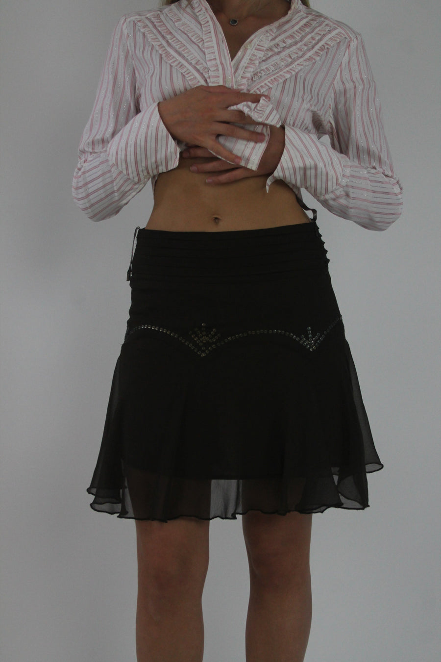 black beaded chiffon midi skirt front view