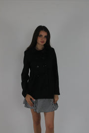 black fitted double-breasted blazer front view