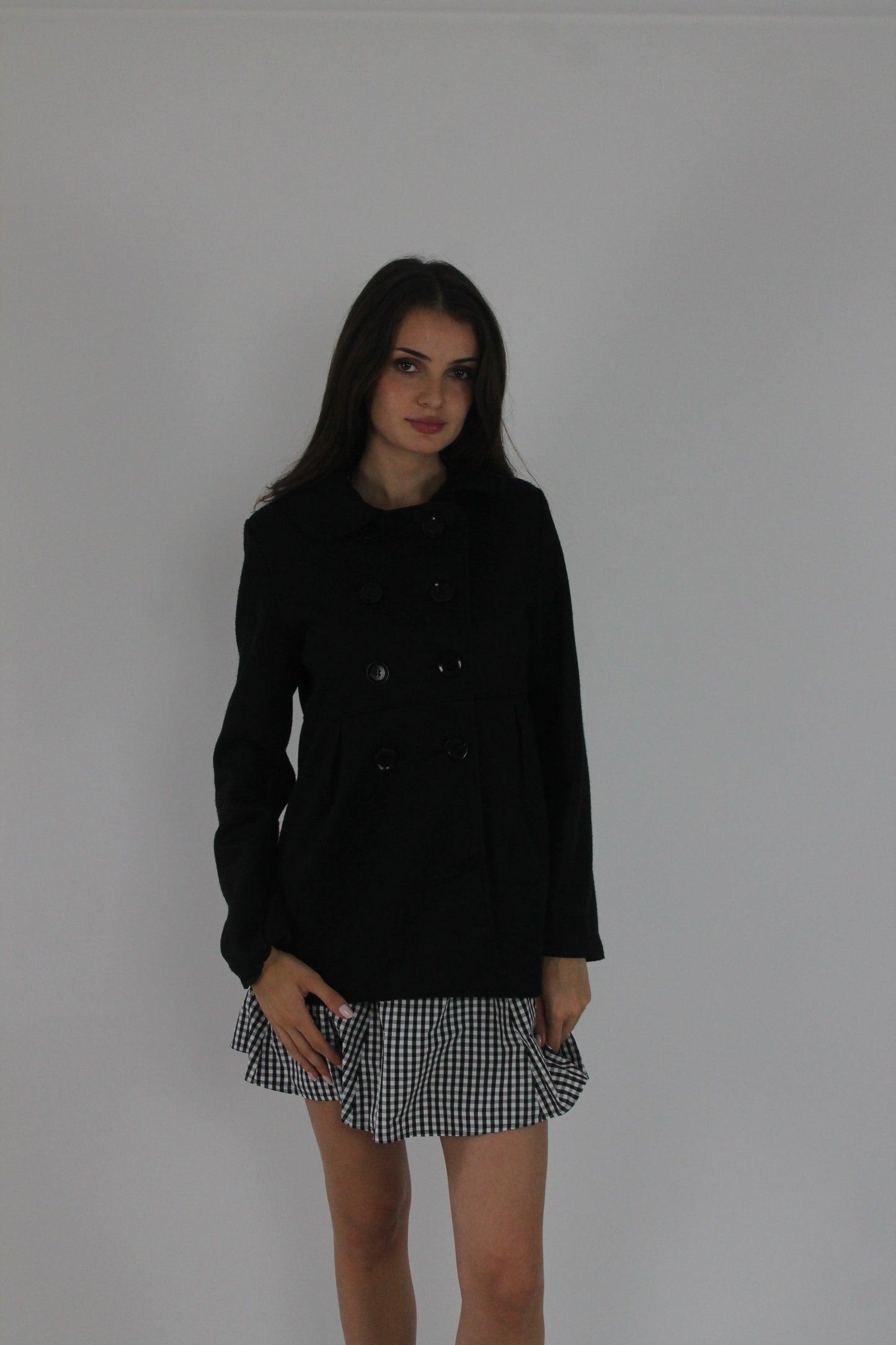 black fitted double-breasted blazer front view