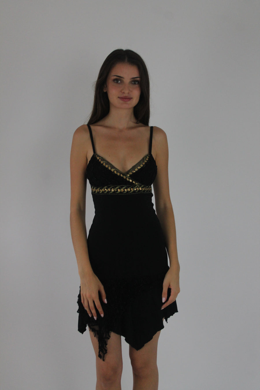 black and gold-trim asymmetric slip dress front view