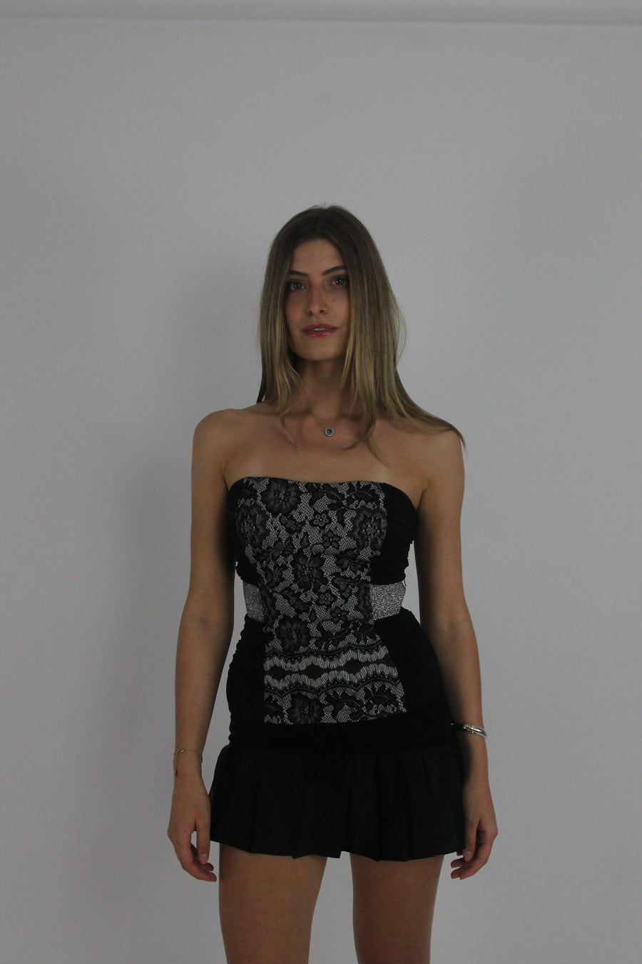 black and grey lace-up corset top front view