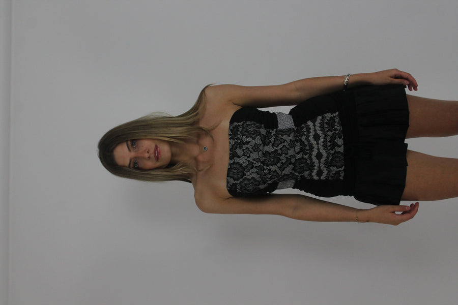 black and grey lace-up corset top front view