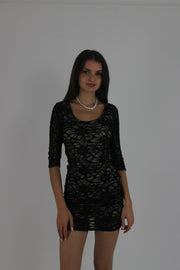 black lace three-quarter-sleeve mini dress front view