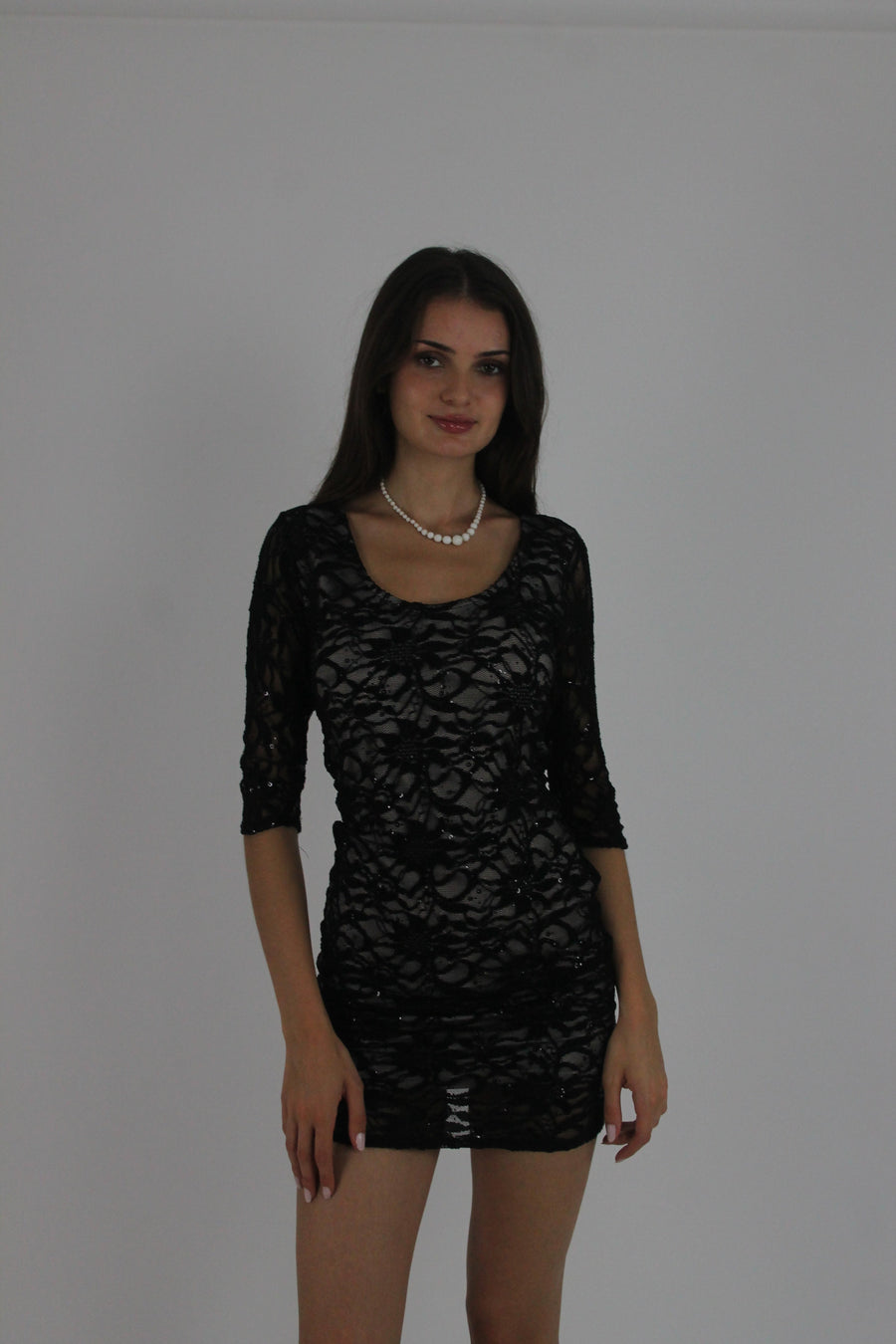 black lace three-quarter-sleeve mini dress front view