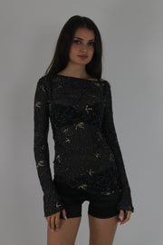 black metallic lace long-sleeve mini dress front view