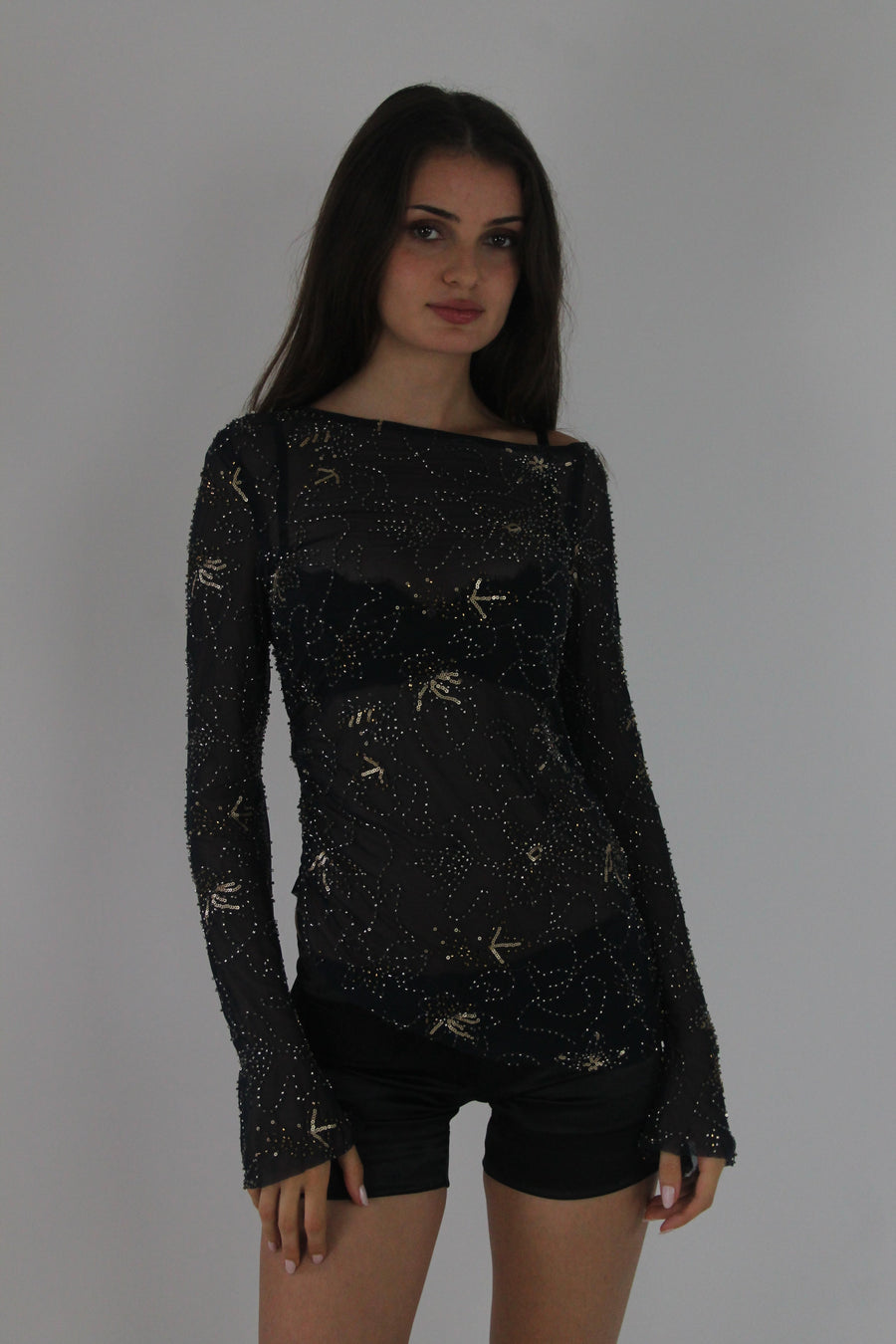 black metallic lace long-sleeve mini dress front view