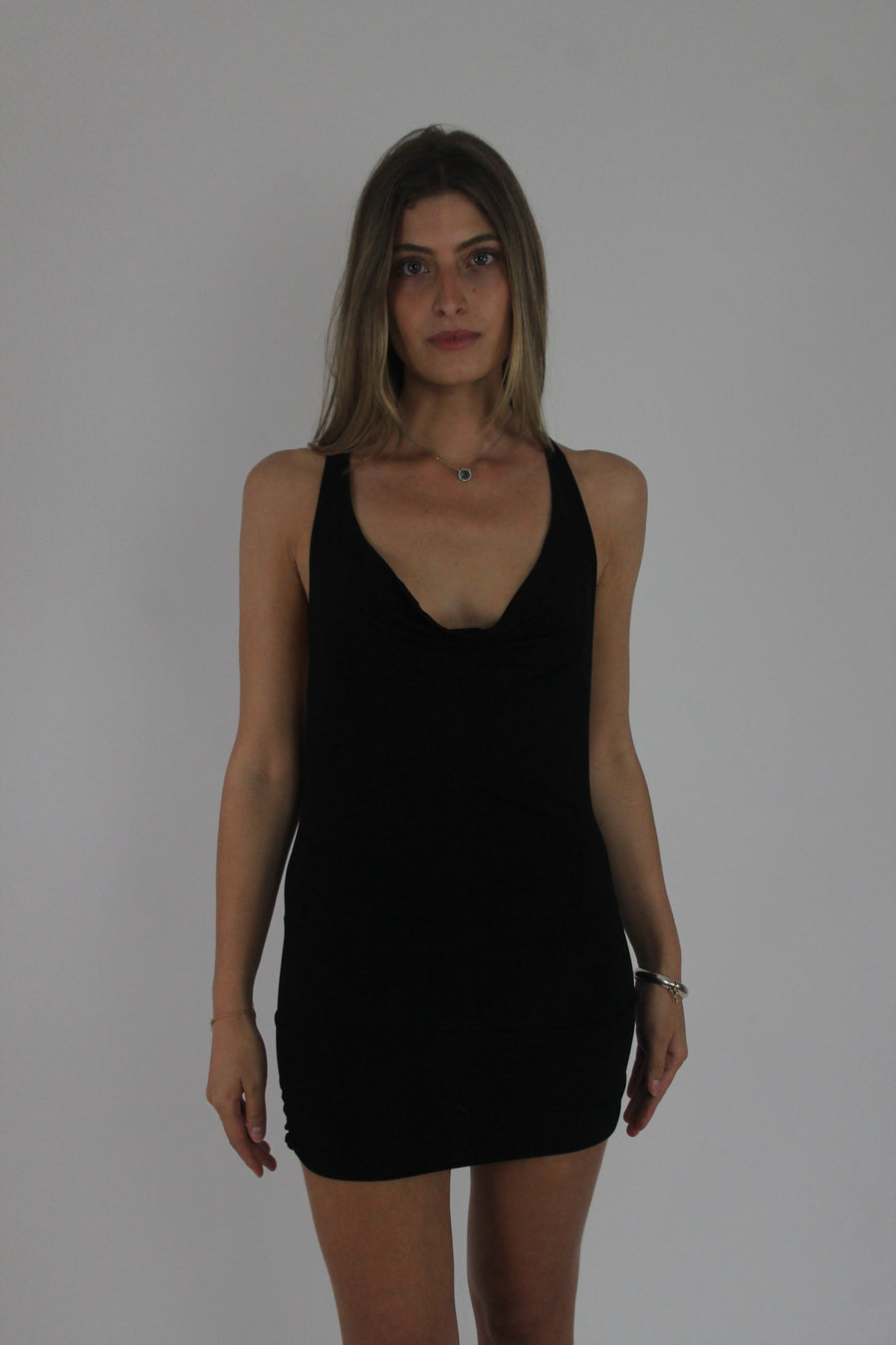 black ring-back mini dress front view