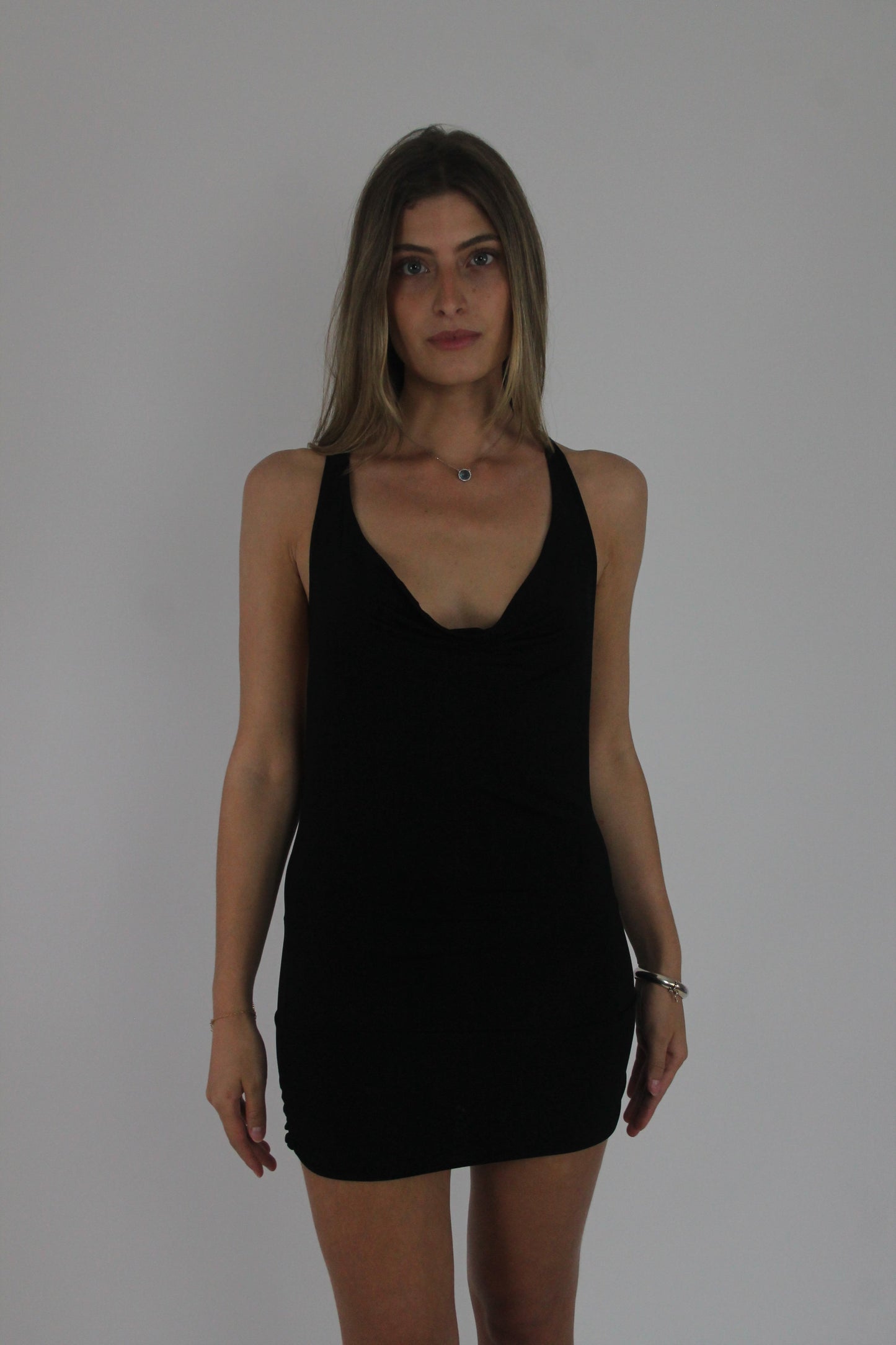 black ring-back mini dress front view