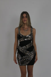 black and silver sequin-panel mini dress front view