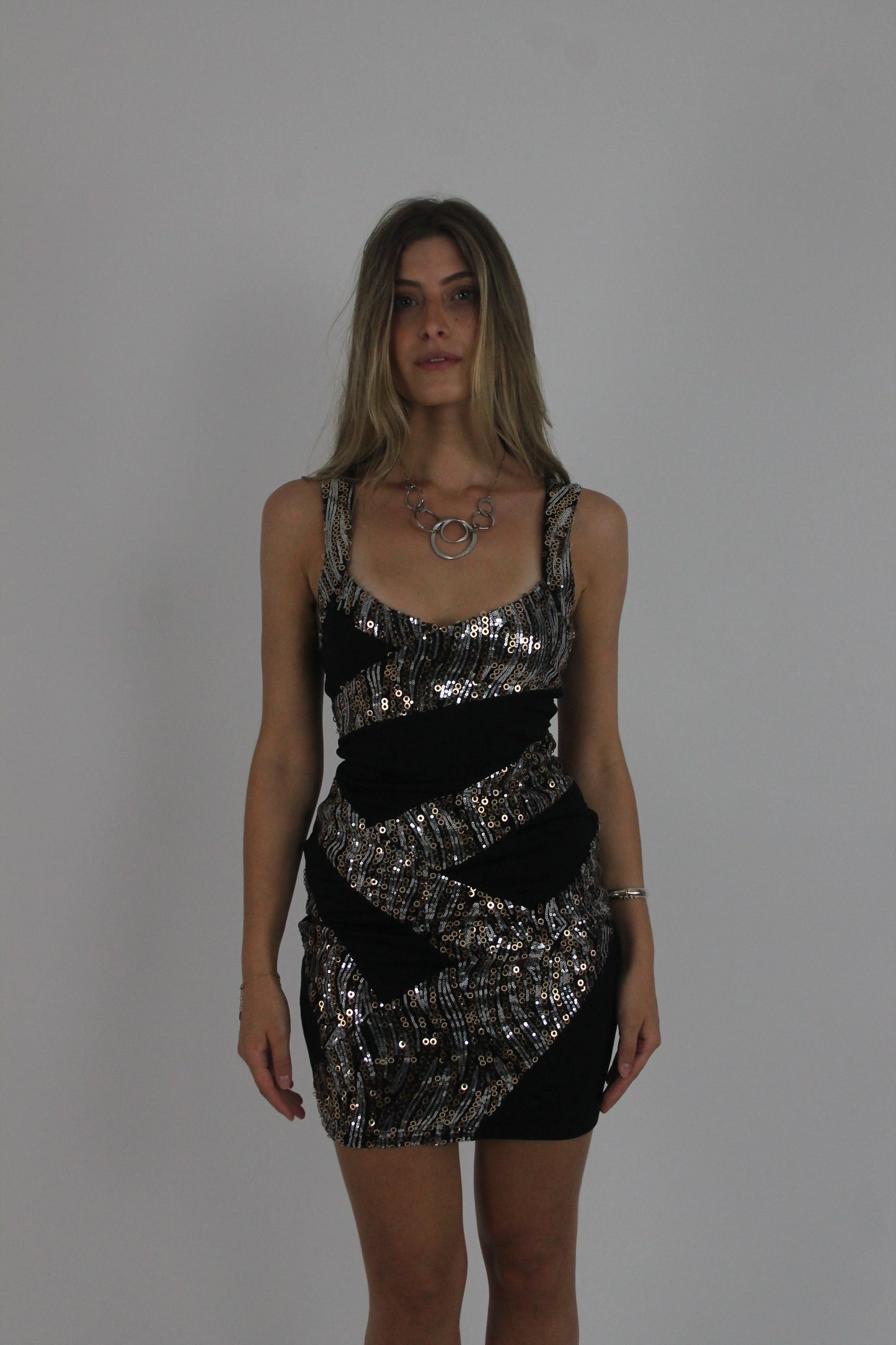 black and silver sequin-panel mini dress front view