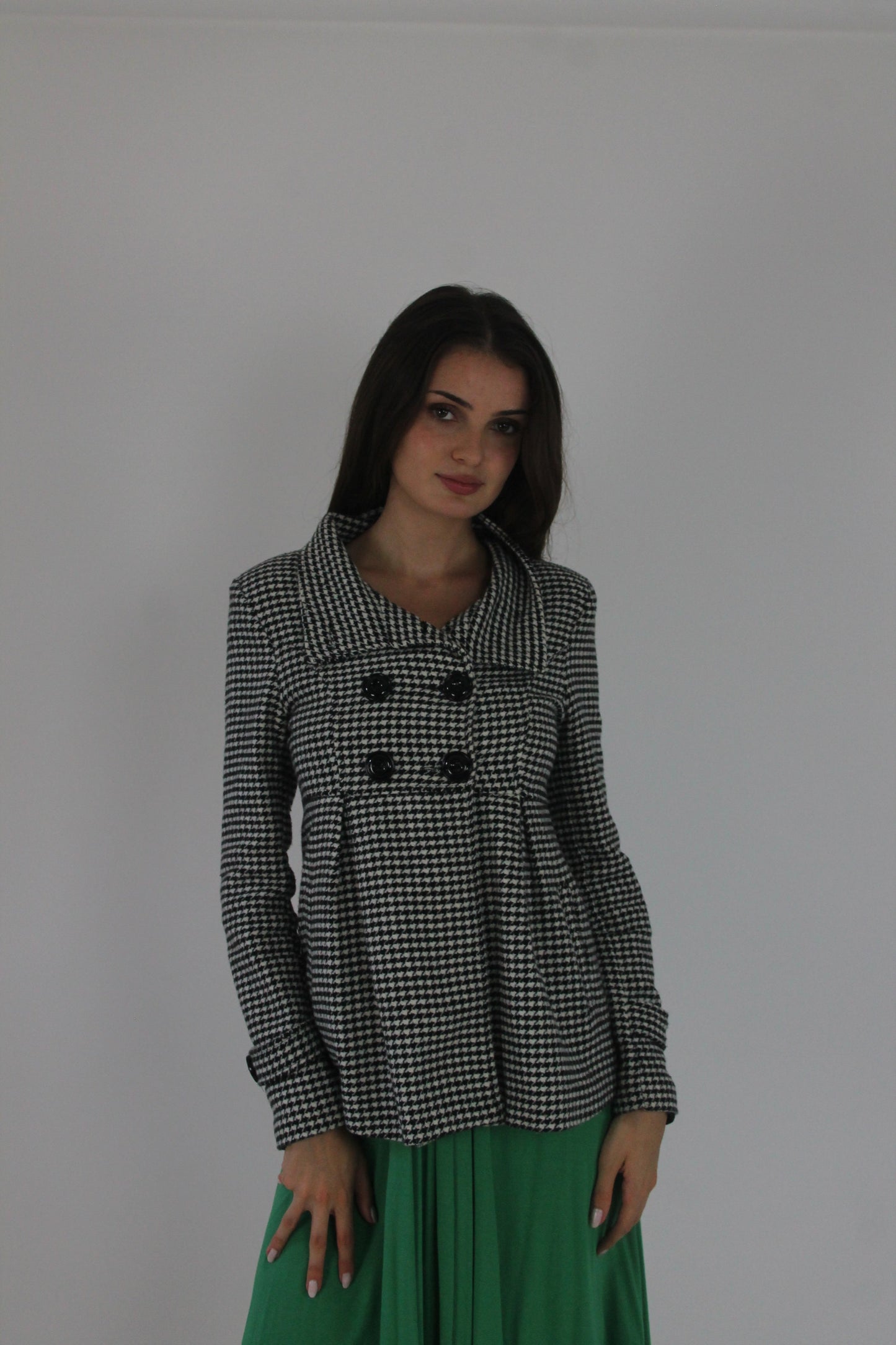 black and white houndstooth jacket front view