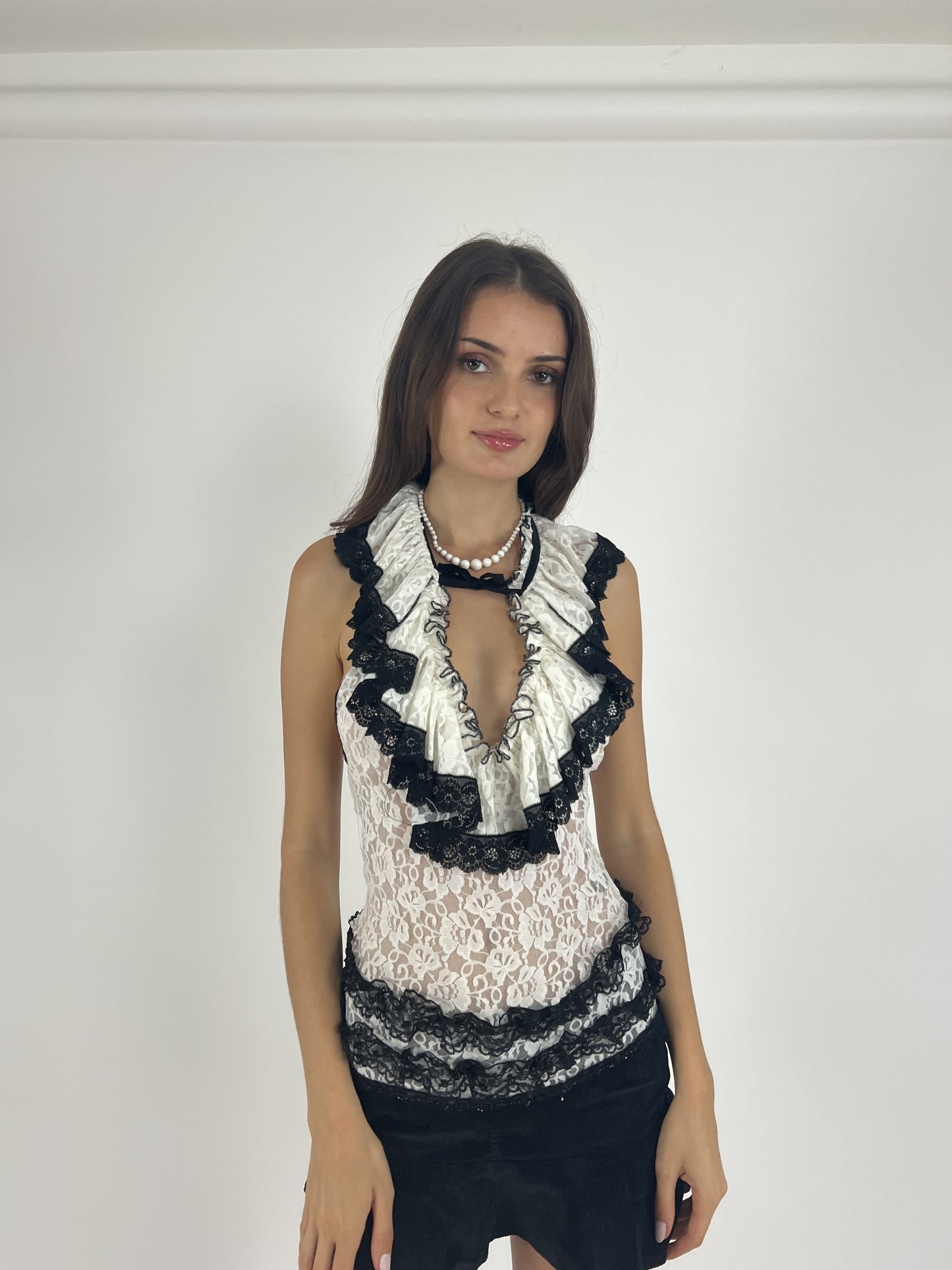black and white lace ruffle halter top front view