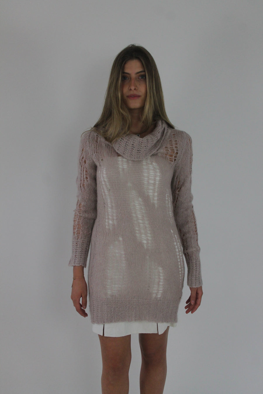 blush sheer crochet long-sleeve mini dress front view