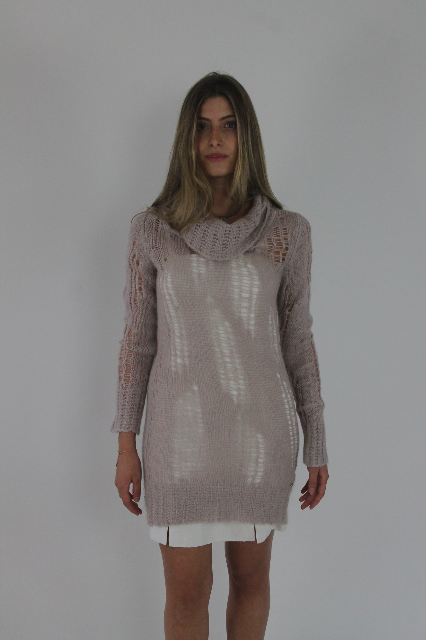 blush sheer crochet long-sleeve mini dress front view