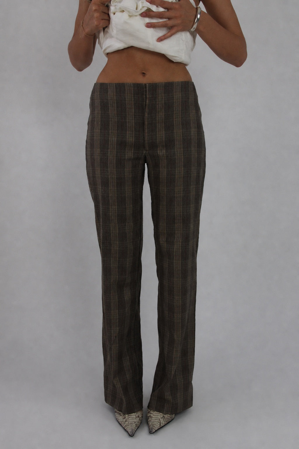 brown plaid flared trousers front view