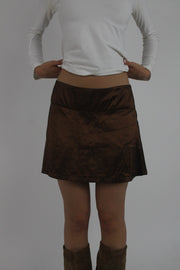 brown satin-style a-line mini skirt front view