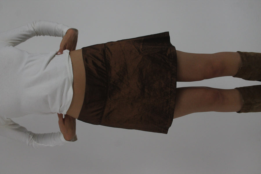 brown satin-style a-line mini skirt front view