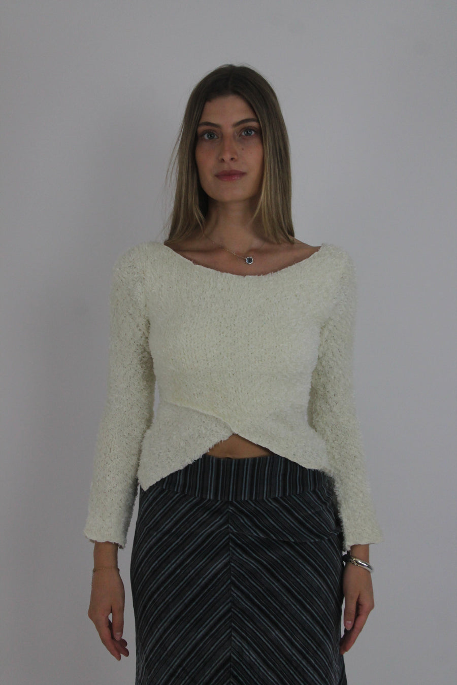 cream fuzzy wrap jumper front view