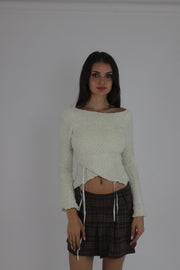 cream lace-up fuzzy top front view