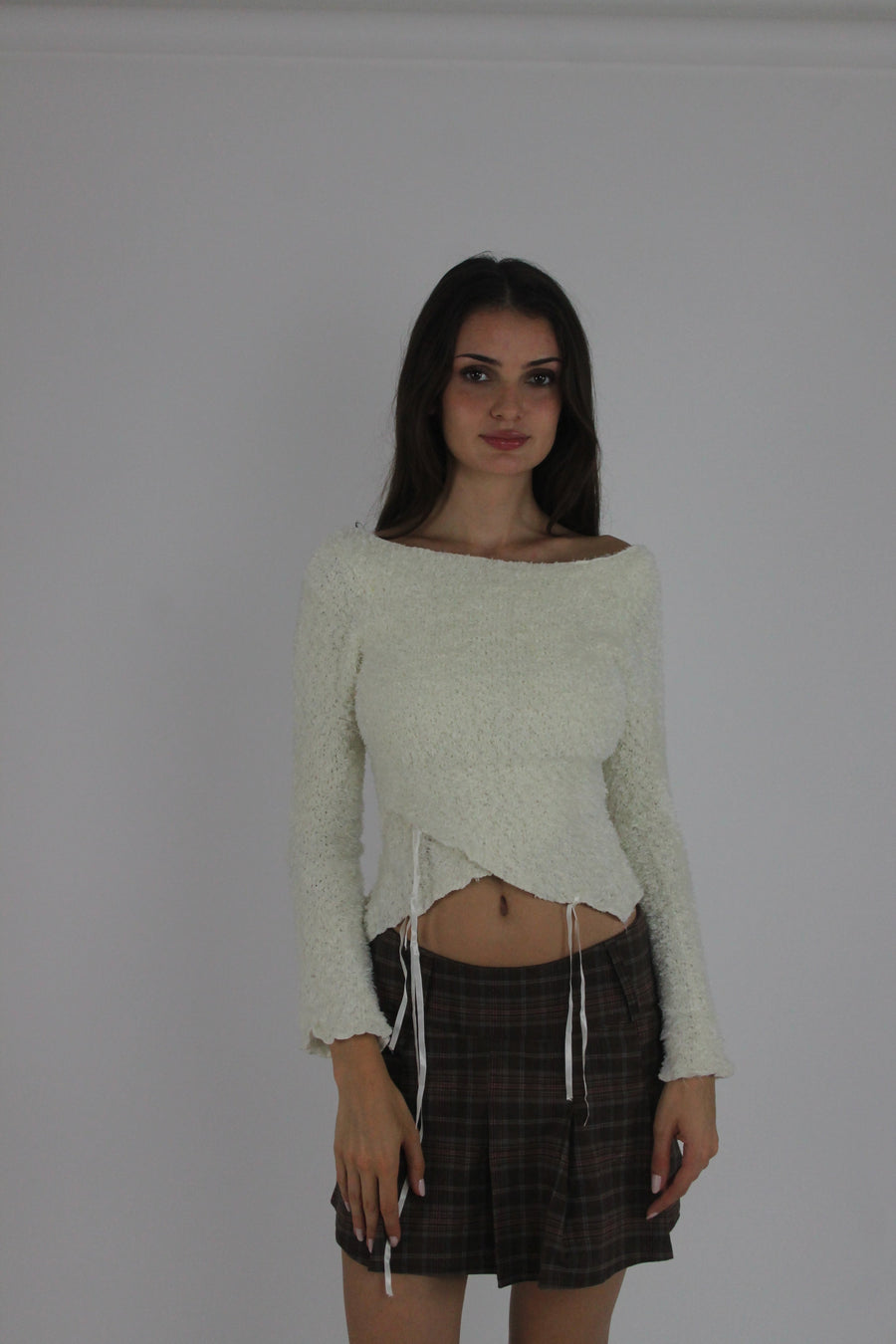 cream lace-up fuzzy top front view