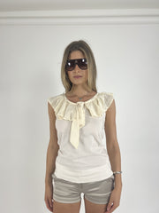 cream ruffle-neckline cap-sleeve top front view