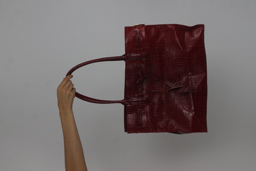 dark red croc-effect tote bag front view
