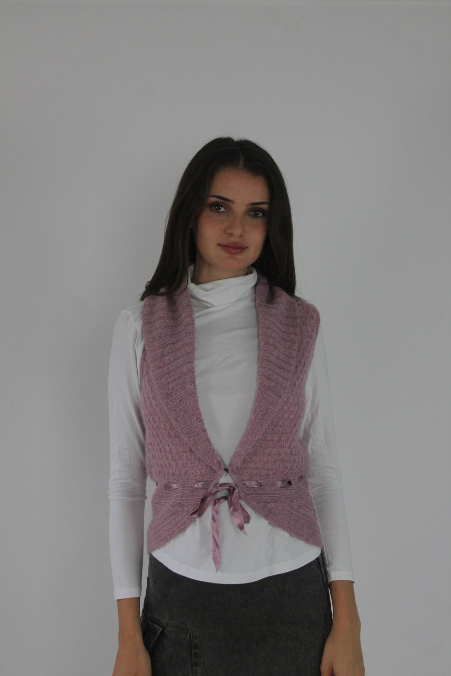 dusty pink tie-front knitted vest front view