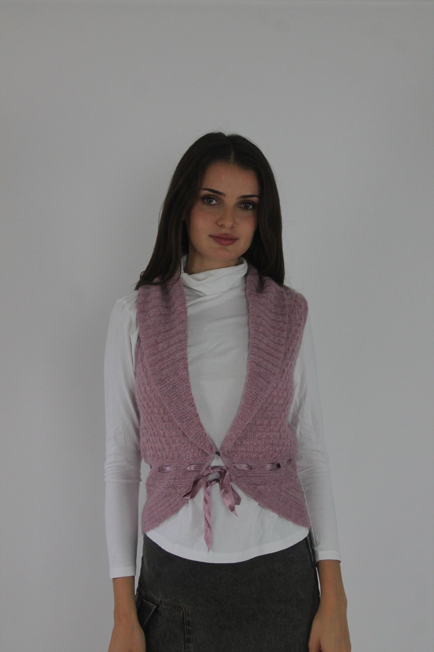 dusty pink tie-front knitted vest front view