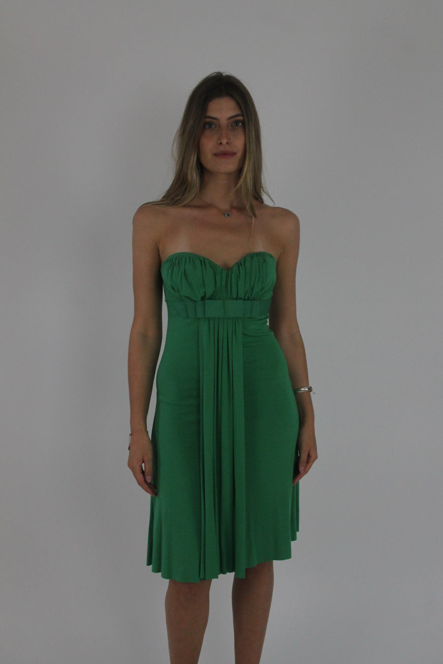 green strapless midi dress front view