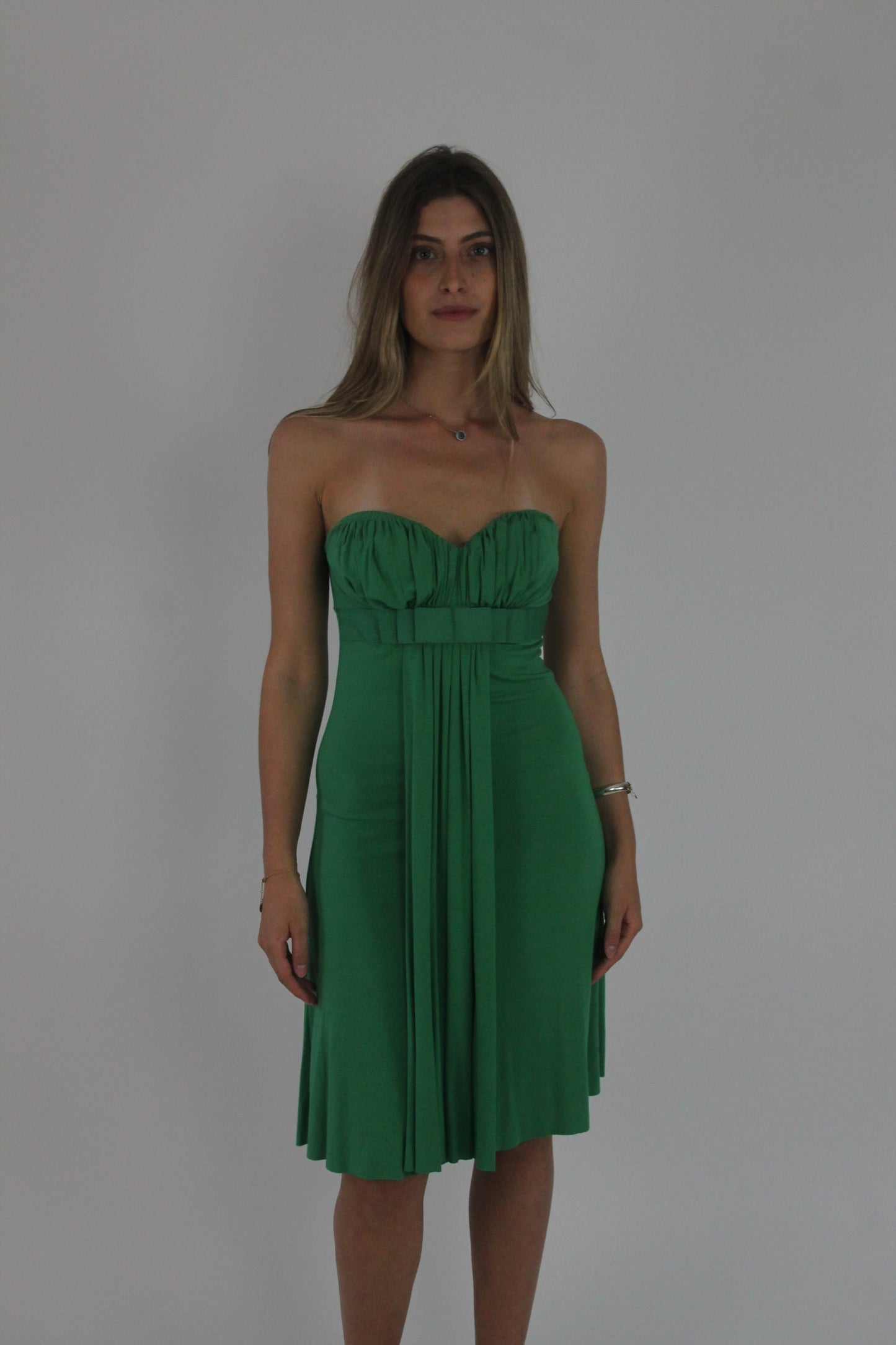 green strapless midi dress front view