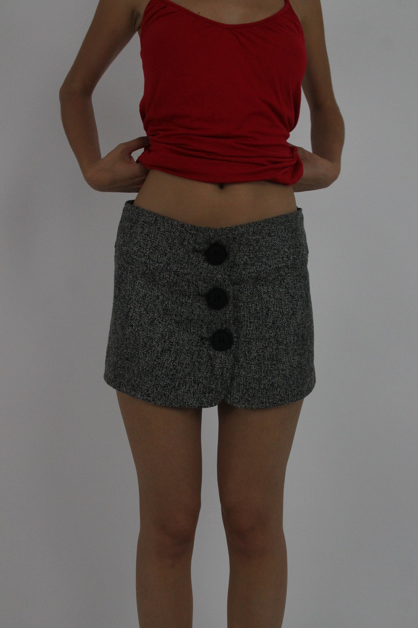 grey button-front mini skort front view