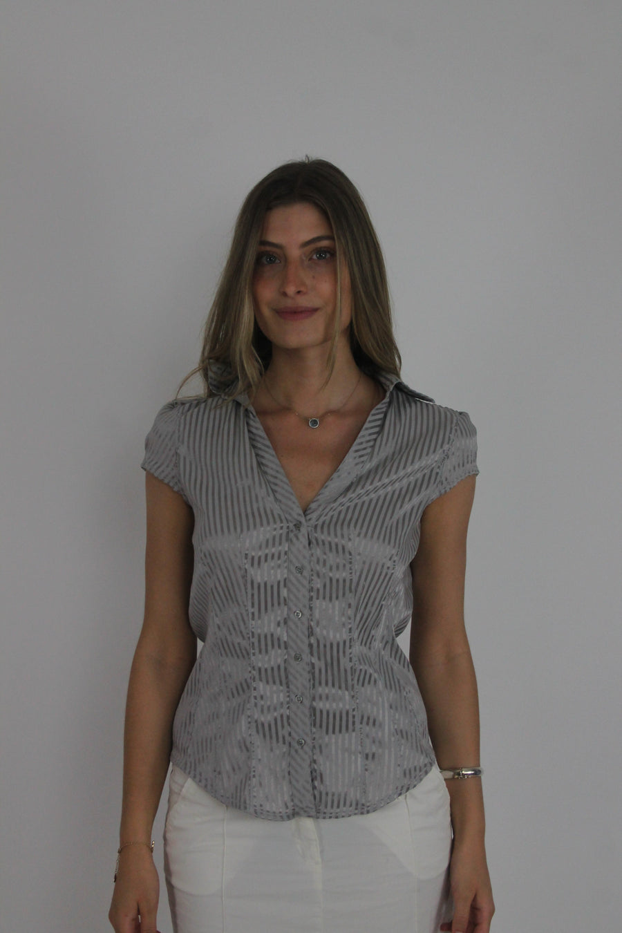 grey pinstripe ruched blouse front view